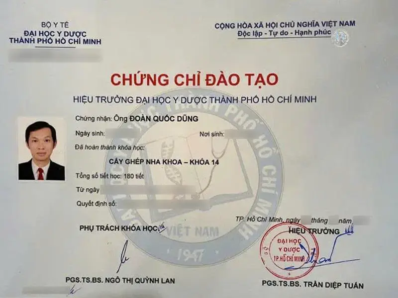 Chứng chỉ đào tạo cấy ghép nha khoa - Bác sĩ CKI Đoàn Quốc Dũng 
