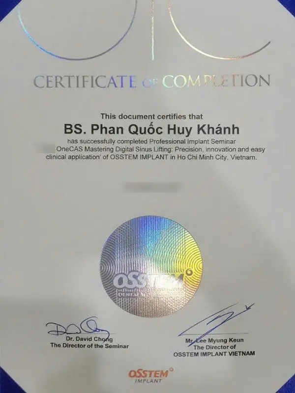 Chứng chỉ Osstem Implant - Bác sĩ CKI Phan Quốc Huy Khánh