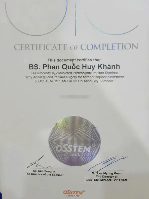 Chứng chỉ Osstem Implant - Bác sĩ CKI Phan Quốc Huy Khánh
