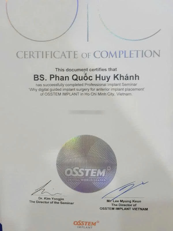 Chứng chỉ đào tạo Osstem Implant HCM | Bác sĩ Phan Quốc Huy Khánh