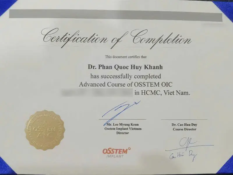Chứng chỉ Osstem - Bác sĩ CKI Phan Quốc Huy Khánh