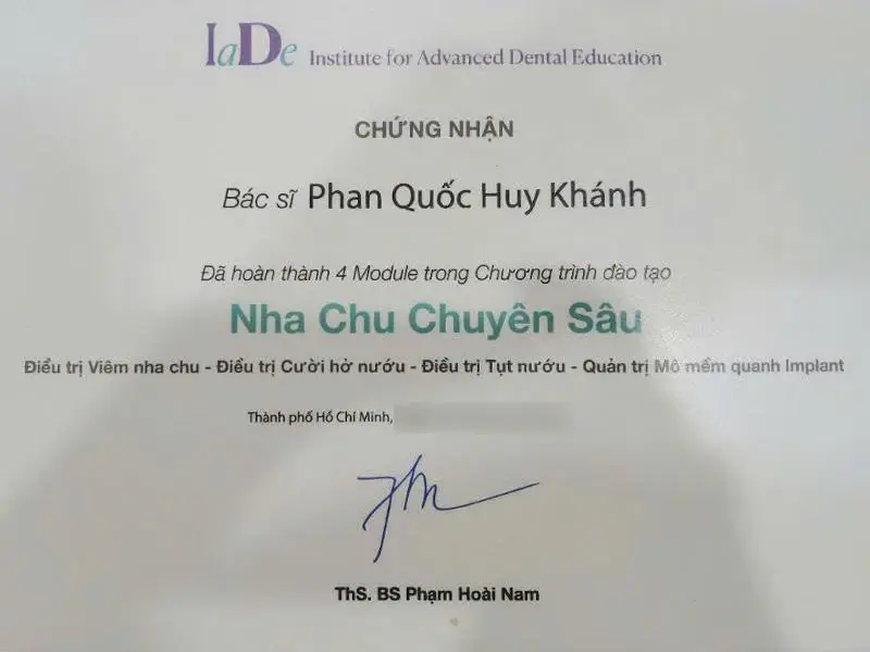 Chứng nhận Nha chu chuyên sâu - Bác sĩ CKI Phan Quốc Huy Khánh