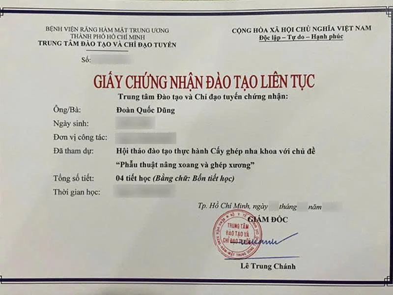 Giấy chứng nhận đào tạo liên tục "Phẫu thuật nâng xoang và ghép xương" | Bác sĩ Đào Quốc Dũng