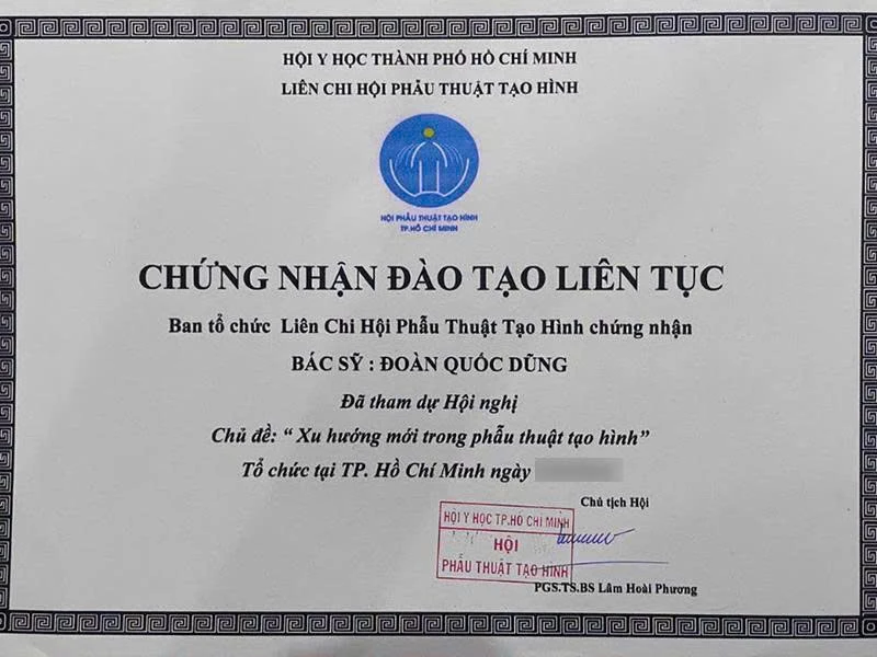 Chứng nhận đào tạo liên tục xu hướng mới trong phẫu thuật tạo hình | Bác sĩ Đào Quốc Dũng 