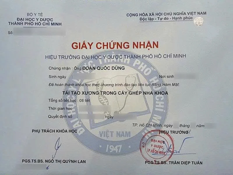 Giấy chứng nhận kỹ thuật tái tạo xương trong cấy ghép nha khoa | Bác sĩ Đào Quốc Dũng 