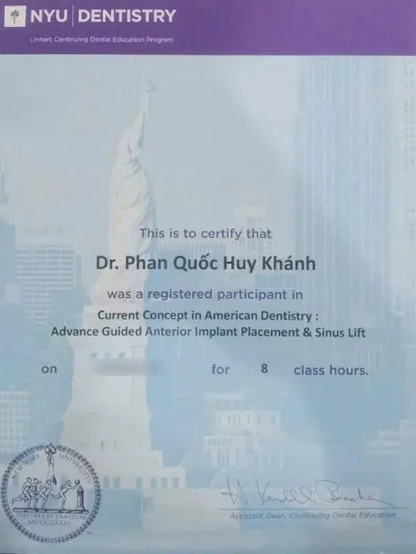 Chứng chỉ đào tạo chuyên sâu Implant - Bác sĩ CKI Phan Quốc Huy Khánh