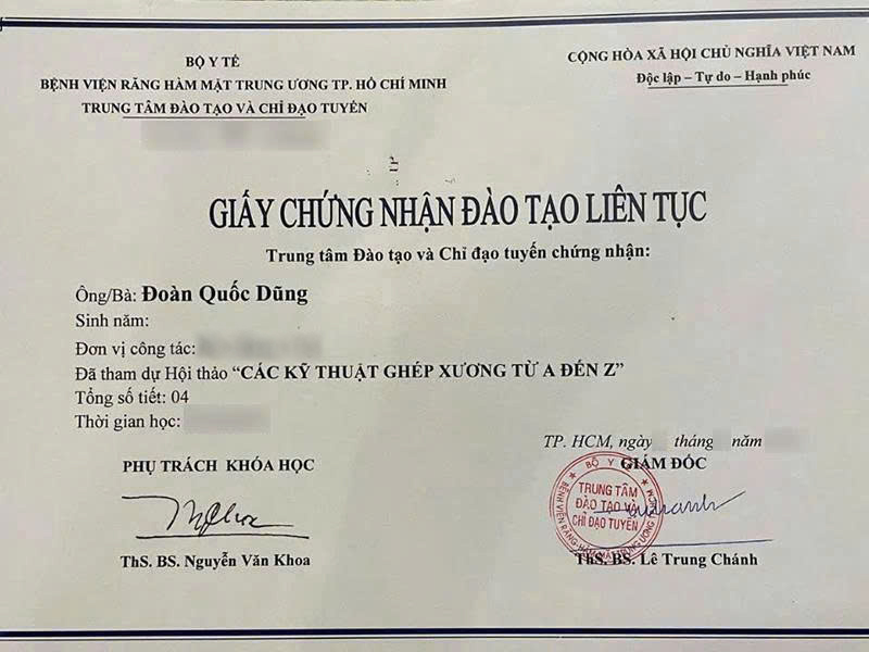 Giấy chứng nhận đào tạo liên tục các kỹ thuật ghép xương từ a đến z 